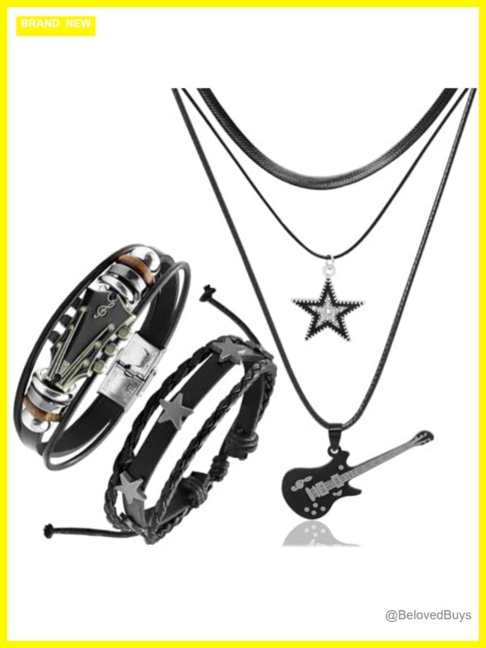 3 Pc Faux Leather Guitar Star Charm Necklace Bracelet Set Y2K Punk